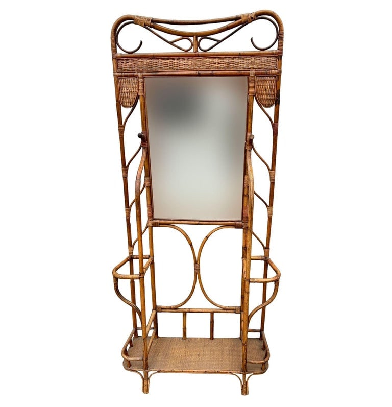 Restored Aesthetic Movement Bamboo& Grassmat Hall Tree W Mirror & Umbrella Stand - 2
