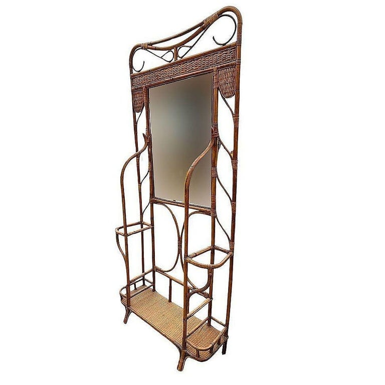 Restored Aesthetic Movement Bamboo& Grassmat Hall Tree W Mirror & Umbrella Stand - 3