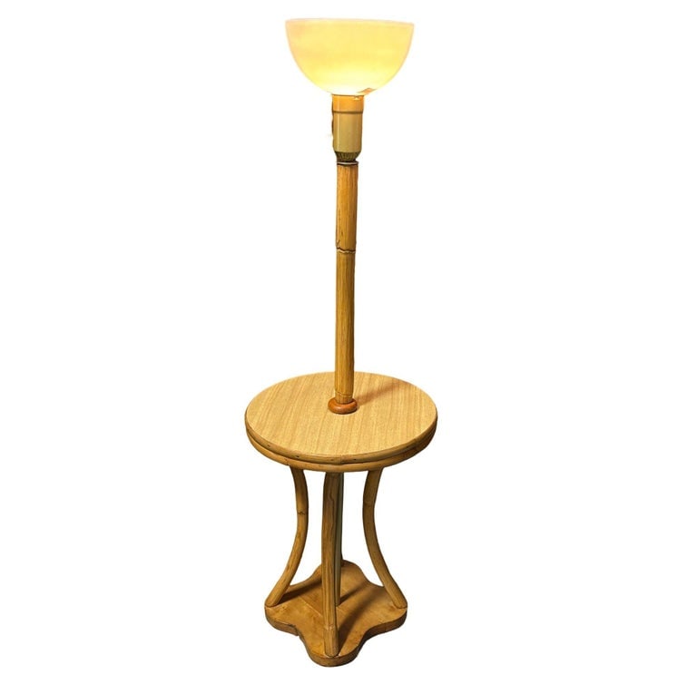 Restored Rattan & Mahogany Hourglass Side Table Torchiere Floor Lamp - 2