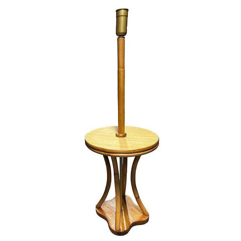 Restored Rattan & Mahogany Hourglass Side Table Torchiere Floor Lamp - 3