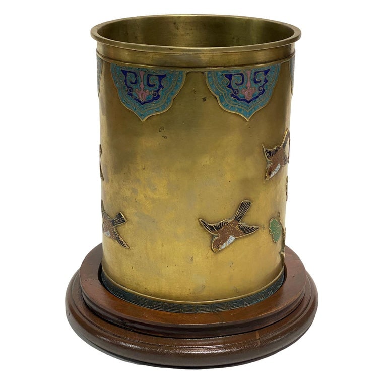 Chinese Floral Bronze Cloisonne Enamel Cylinder Vase w/ Wood Base - 3