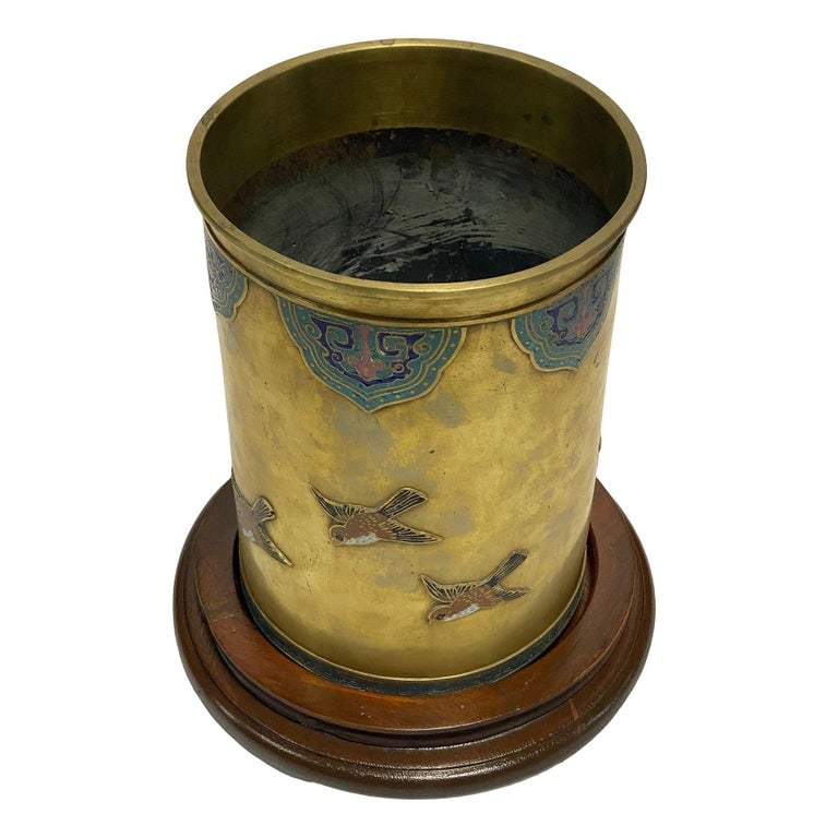 Chinese Floral Bronze Cloisonne Enamel Cylinder Vase w/ Wood Base - 4