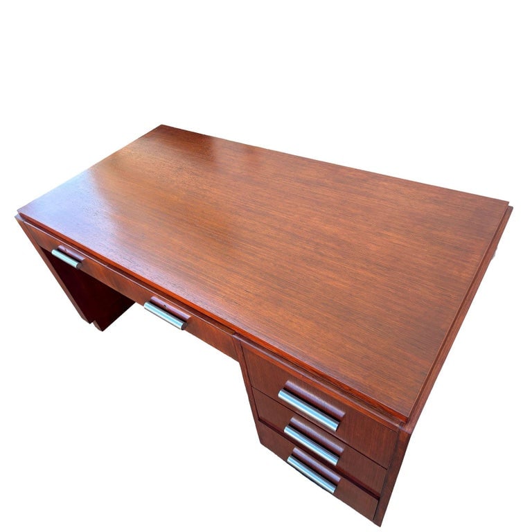 1930s Restored French Art Deco Mahogany and Chrome Executive Desk w/ Bookshelves - 13