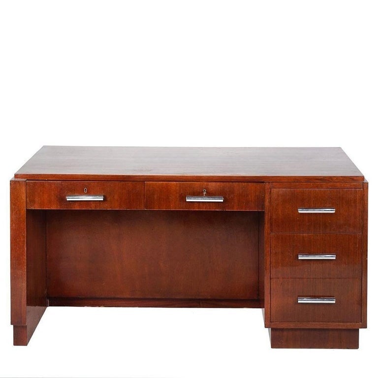 1930s Restored French Art Deco Mahogany and Chrome Executive Desk w/ Bookshelves - 2