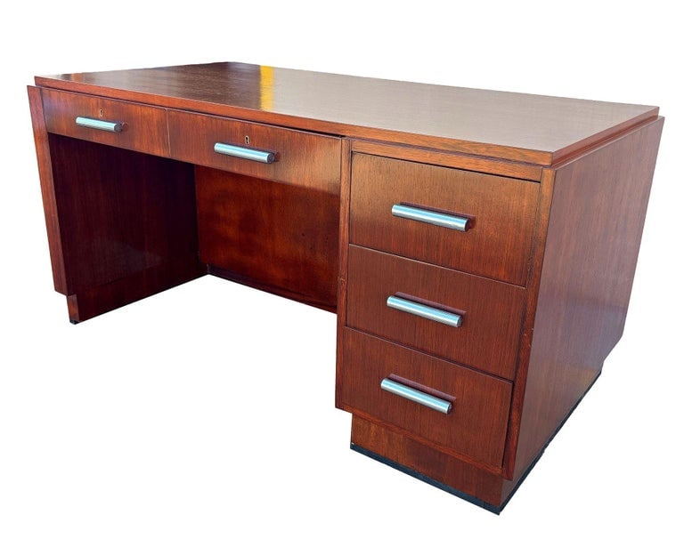 1930s Restored French Art Deco Mahogany and Chrome Executive Desk w/ Bookshelves - 5