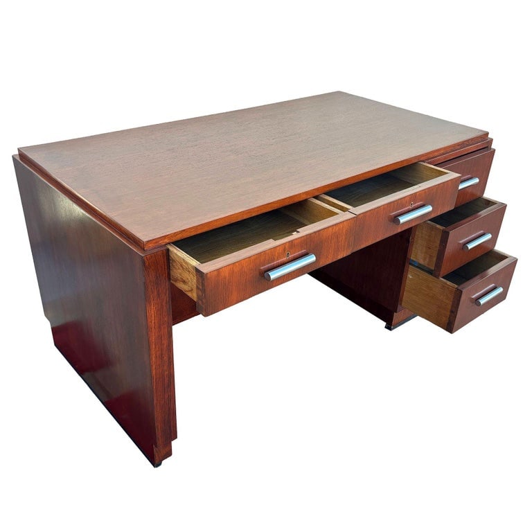 1930s Restored French Art Deco Mahogany and Chrome Executive Desk w/ Bookshelves - 8