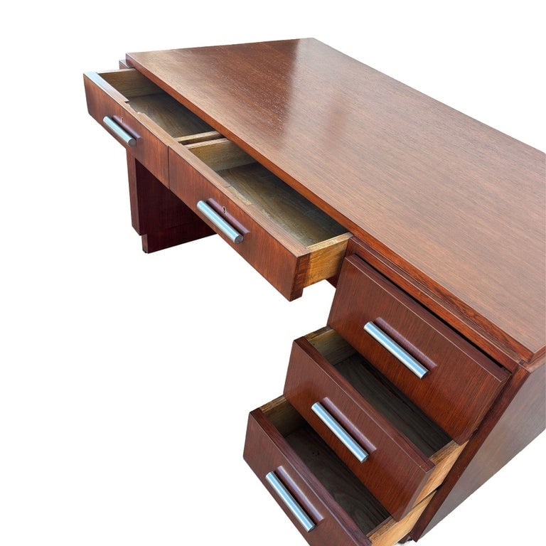 1930s Restored French Art Deco Mahogany and Chrome Executive Desk w/ Bookshelves - 9