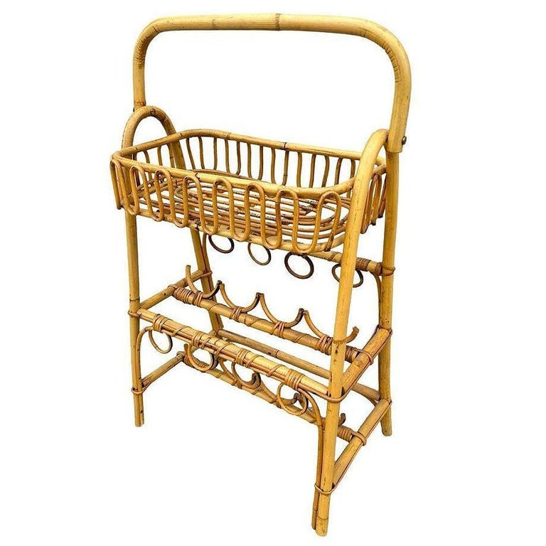 Albini Style Rattan Service Side Table & Bottle Holder w/ Handle - 3
