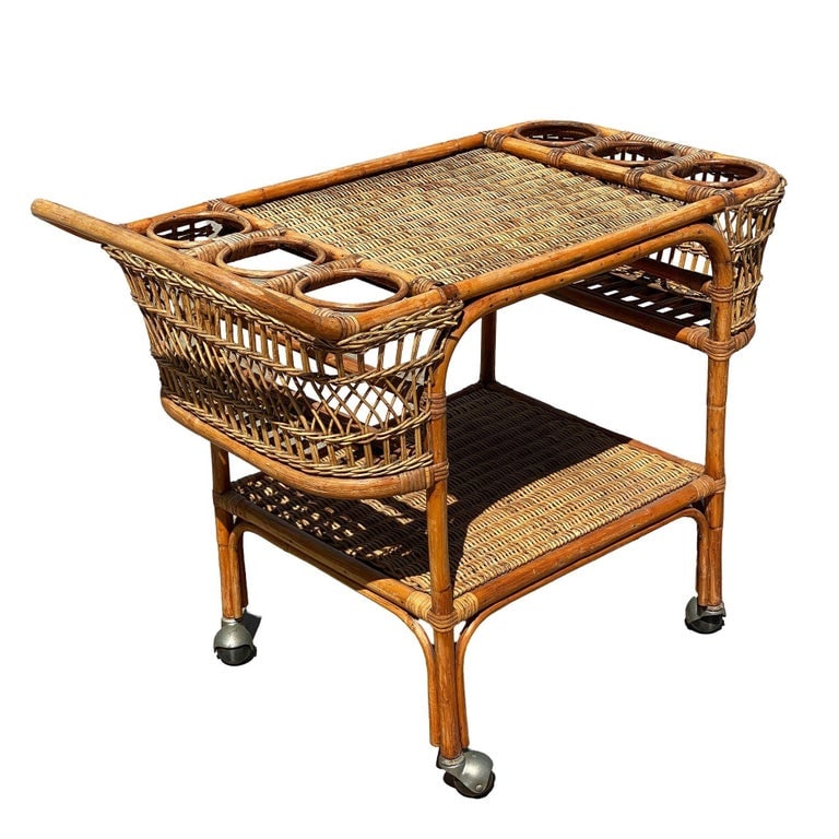 Restored Art Deco Stick Rattan Two-Tier Bar Cart w/ Woven WickerTops - 3
