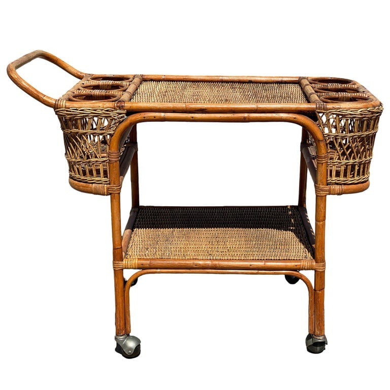 Restored Art Deco Stick Rattan Two-Tier Bar Cart w/ Woven WickerTops - 4