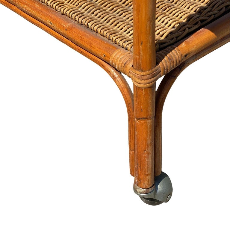 Restored Art Deco Stick Rattan Two-Tier Bar Cart w/ Woven WickerTops - 8