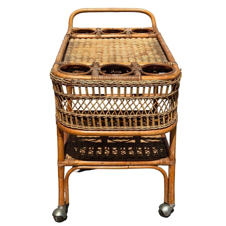 Restored Art Deco Stick Rattan Two-Tier Bar Cart w/ Woven WickerTops - 9