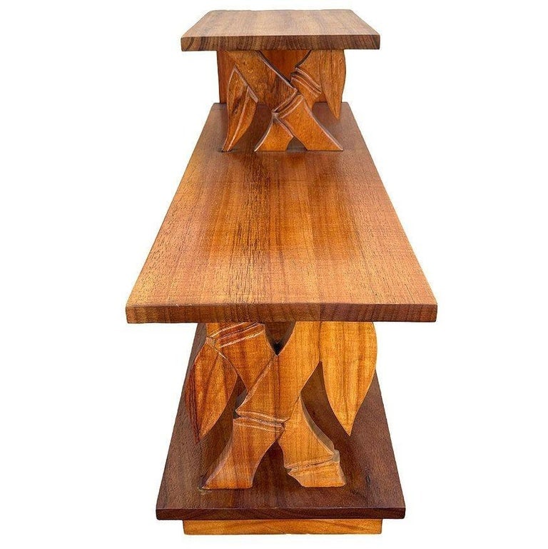 Restored Hand Carved Koa Wood 3 Tiered Side Lamp Table w/ Bamboo Motif - 2