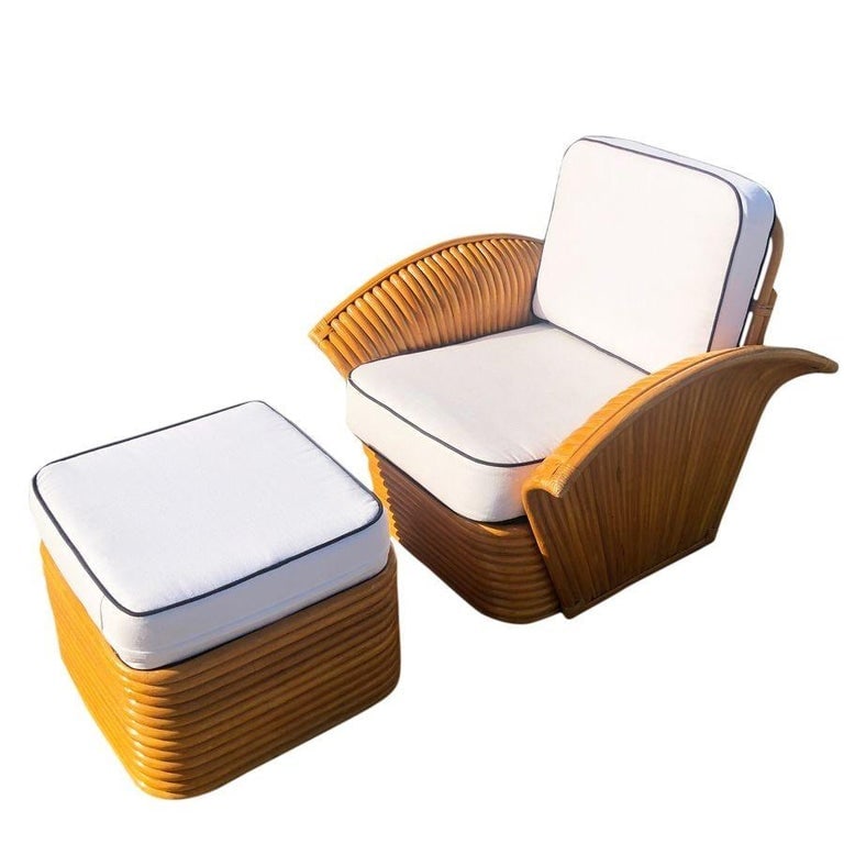 Vintage Art-Deco Style Rattan Fan Arm Lounge Chair/Ottoman Set, 3 sets Avail - 3