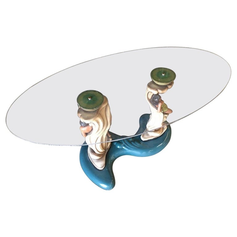 Rare Hawaiian Inspired Scuptural Chalkware Coffee Table w/ Man & Woman (1 of 9)