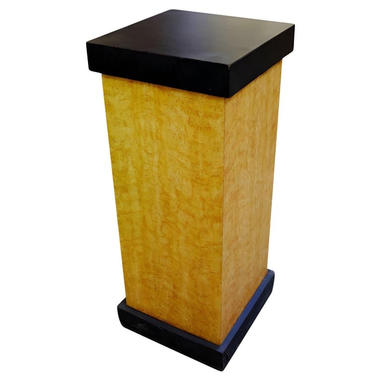 Art Deco Bird's-Eye Style Maple Pedestal with Black Top: Modernist Art Deco bird's-eye maple Formica pedestal with black Formica top. Reserve: $932.00 Shipping: Domestic: Shipping rates are determined by destination International: Foreign shipping rates