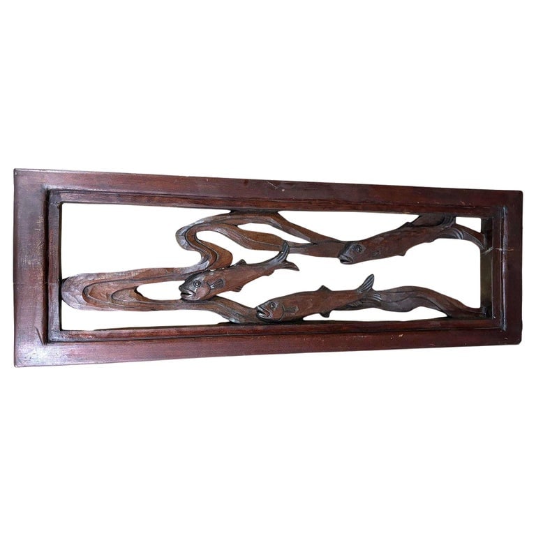 Asian Style Koi Fish Wall Hanging Cherry Wood Sculpture, Signed (1 of 5)