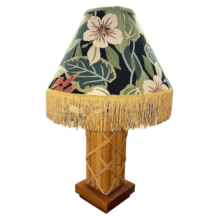 Restored Modernist Lattice Wrapped Rattan Table Lamp w/ Lamp Shade (1 of 6)
