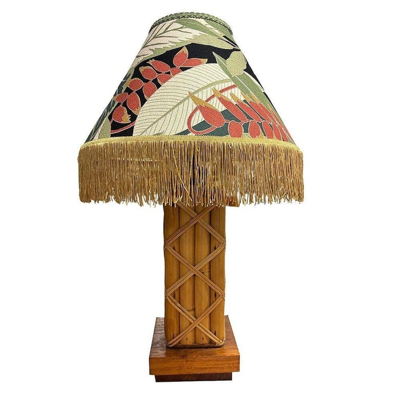 Restored Modernist Lattice Wrapped Rattan Table Lamp w/ Lamp Shade - 2