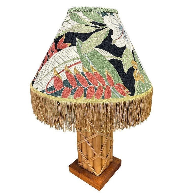 Restored Modernist Lattice Wrapped Rattan Table Lamp w/ Lamp Shade - 3