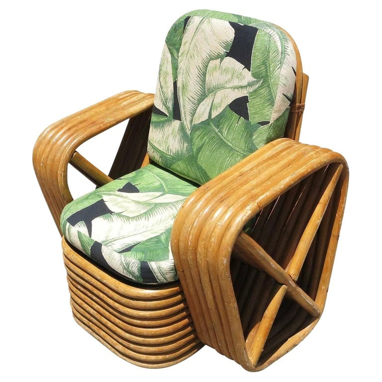 Restored Vintage Paul Frankl Pretzel Rattan Children's Lounge Chair: Offered is a children's size lounge chair designed by Paul Frankl. This chair features six-strand square pretzel arms with a classic stacked base. See last image for sizing reference next to a regular