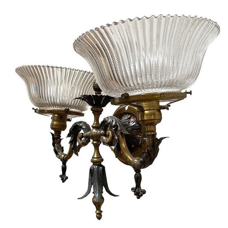 Electrified Late Victorian Baroque Brass Gas Sconces w/ Shade, Pair - 4