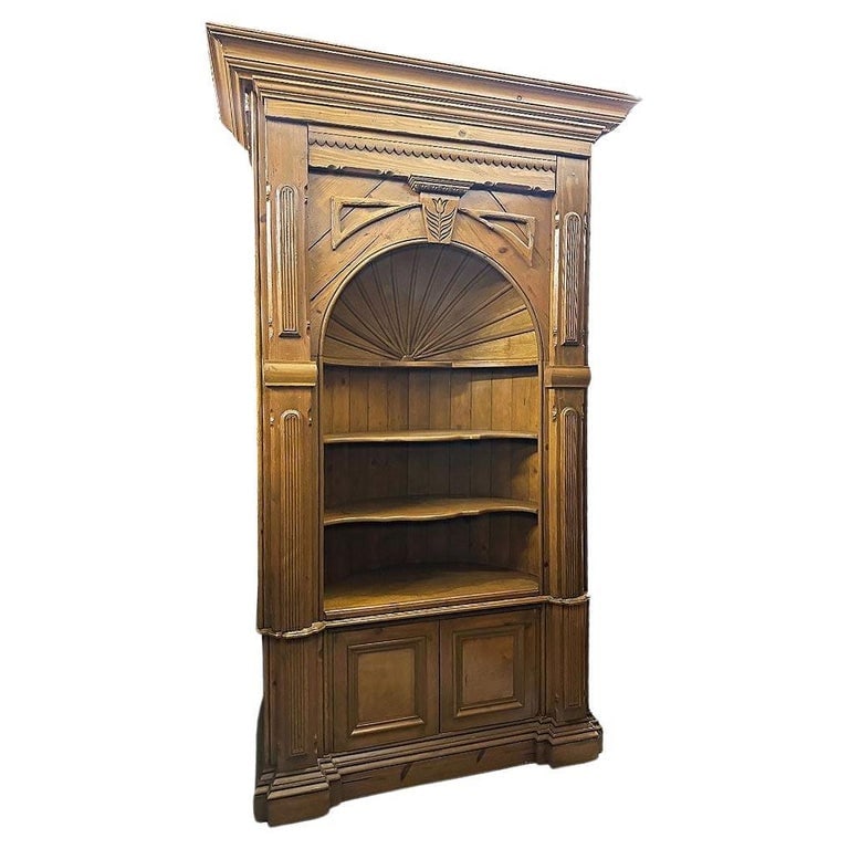 Georgian Style Old Pine Barrel Back Bespaq Corner Book Case: Custom Georgian Style Old knotted Pine Barrel Back Bespaq Corner Book Case features scalloped details on the trim, the focal point, and the medial arch has a carved flower with leaves. The design on t