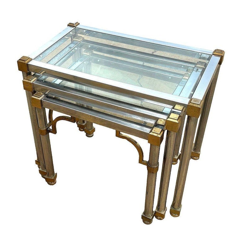 Hollywood Regency Chrome & Brass Maison Jensen Style Nesting Tables - 2