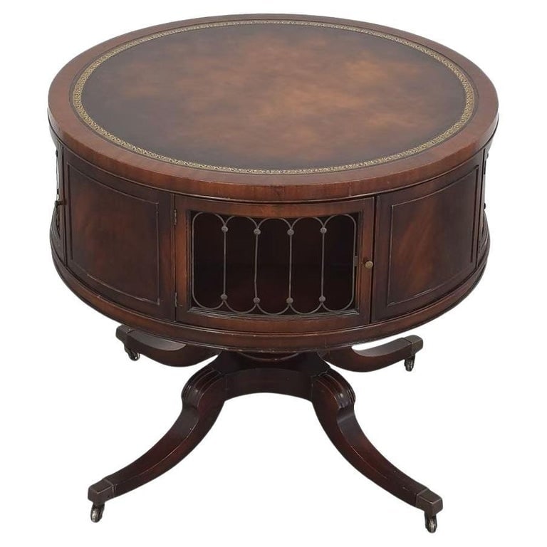 Mahogany & Brass Round Drum Coffee Table w/ Inlaid Leather by Weiman (SIGNED?) (1 of 9)