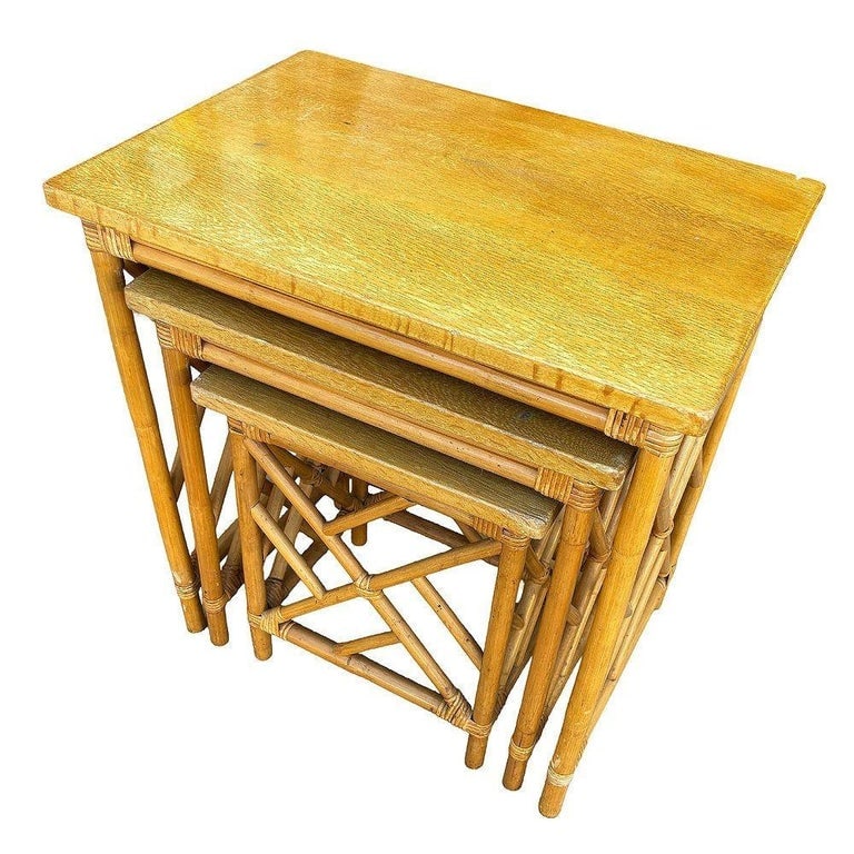 Restored Mid-Century Set of 3 Rattan Nesting Side Tables w/ Mahogany Top - 4