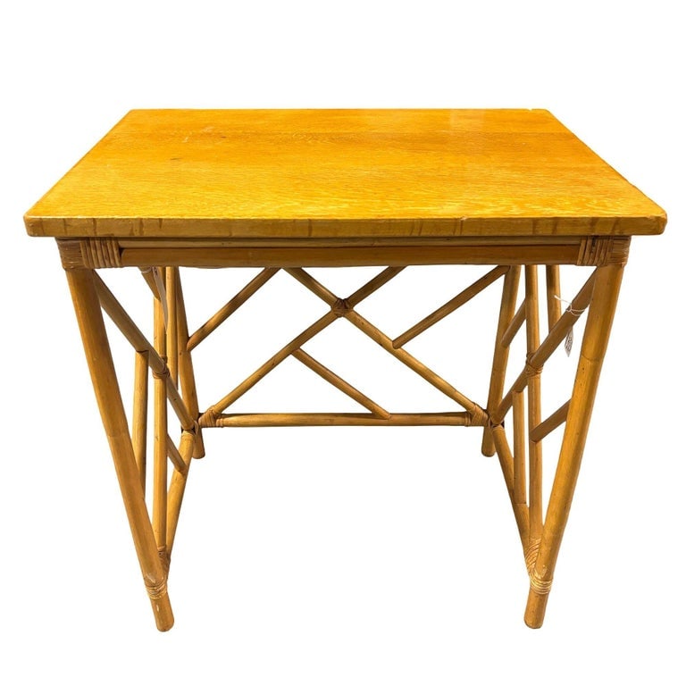 Restored Mid-Century Set of 3 Rattan Nesting Side Tables w/ Mahogany Top - 8