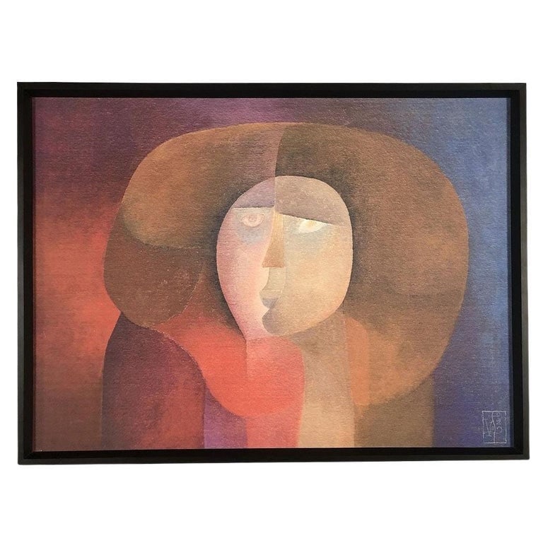 Alberto ValdÃ©s Abstract Figurative Portrait Canvas Board Print, Framed: Alberto ValdÃ©s Abstract figurative female portrait Giclee canvas board print featured in a black wood frame. The picture features shades of orange and purple with ValdÃ©s signatur
