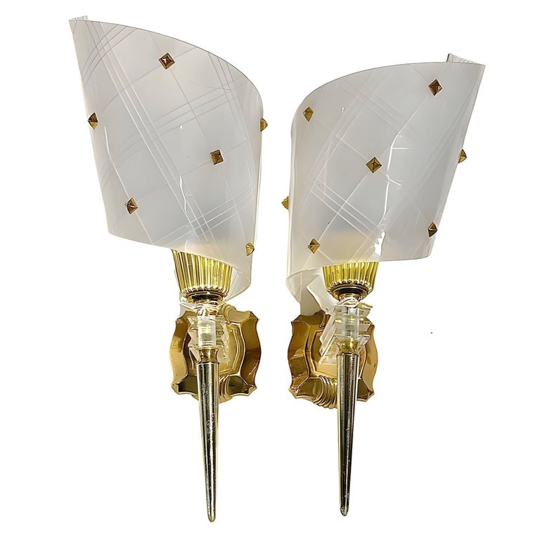 Set of 3 MCM Brass & Lucite Wall Sconces by Pierre Guariche for Luminai - 2