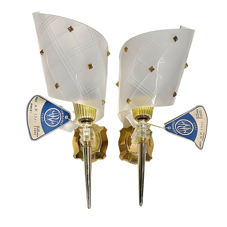 Set of 3 MCM Brass & Lucite Wall Sconces by Pierre Guariche for Luminai - 3