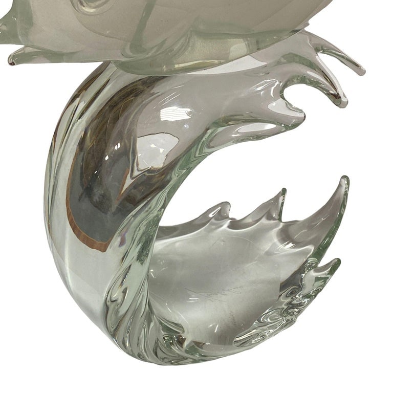 Murano Crystal Glass Angel Fish Sculture On Wave by Licio Zanetti - 11