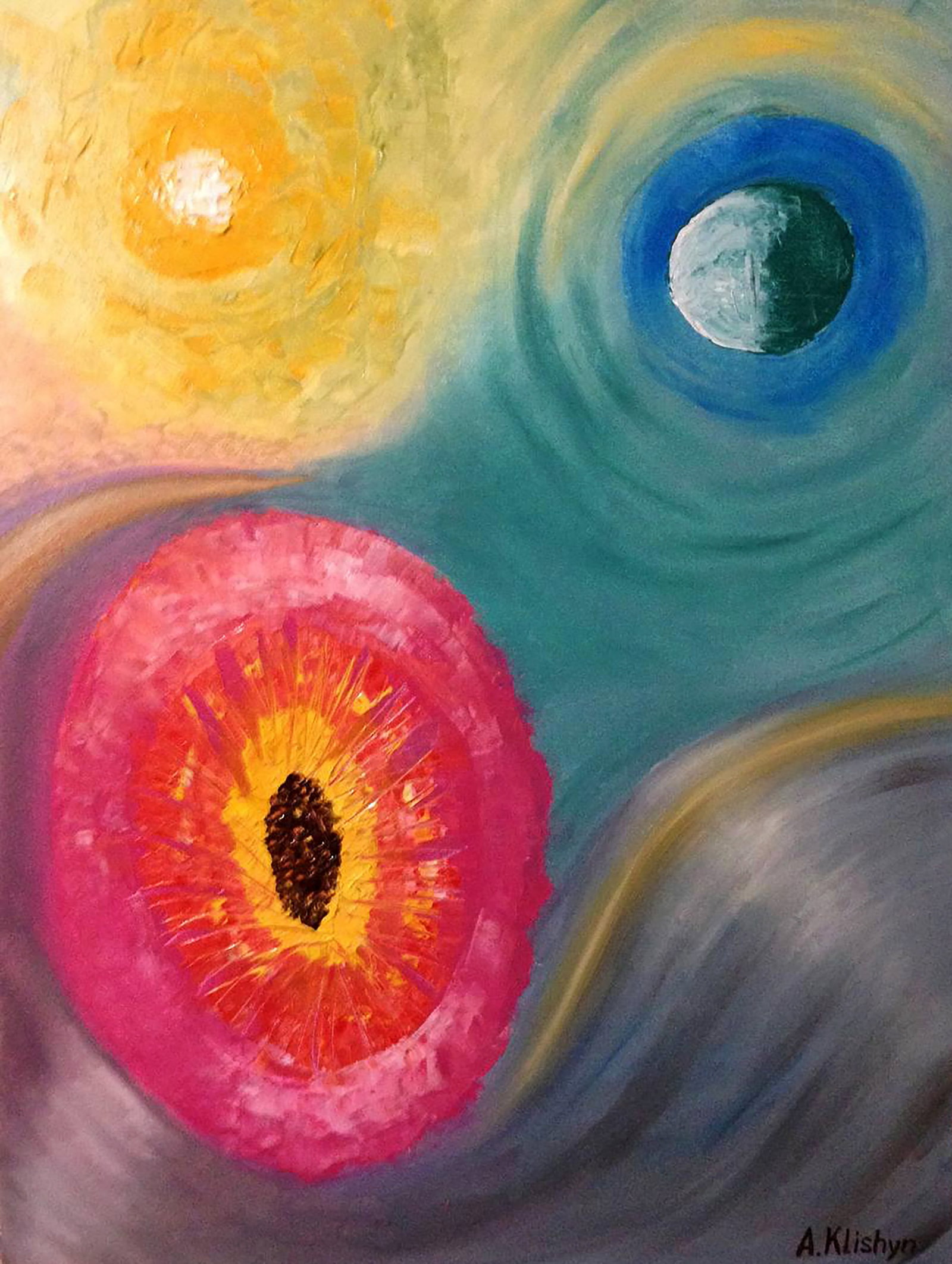 Oil painting The Shivy Bland Planetary System Andriy Klishyn: Title: Oil painting The Shivy Bland Planetary System Andriy Klishyn Description: 50KLISH Painter: Andriy Klishyn Size: 70x50 cm/27.55x19.68 inches Components: oil, canvas Original painting CONDITION: 