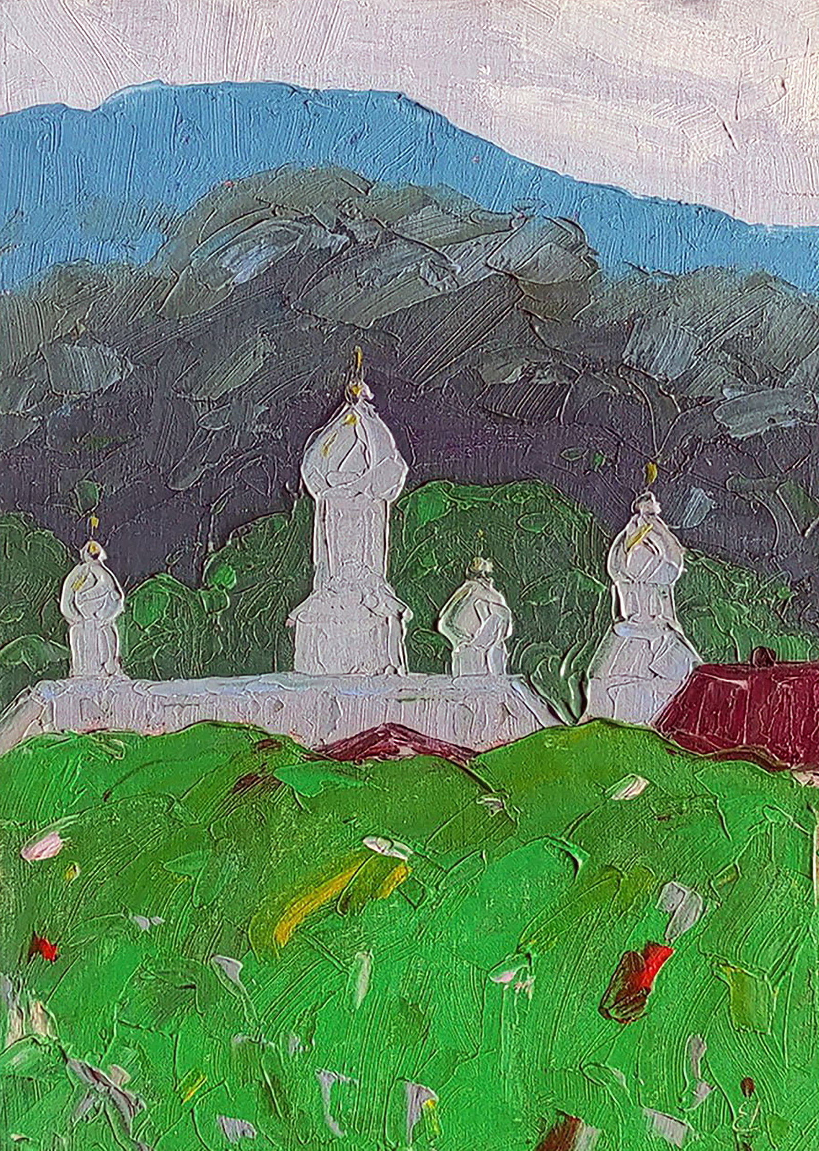 Oil painting Church in the mountains Yaroslav Savchyn: Title: Oil painting Church in the mountains Yaroslav Savchyn Description: 56SAVCH Painter: Yaroslav Savchyn Size: 30x20 cm/11.81x7.87 inches Components: oil, canvas on cardboard Original painting COND