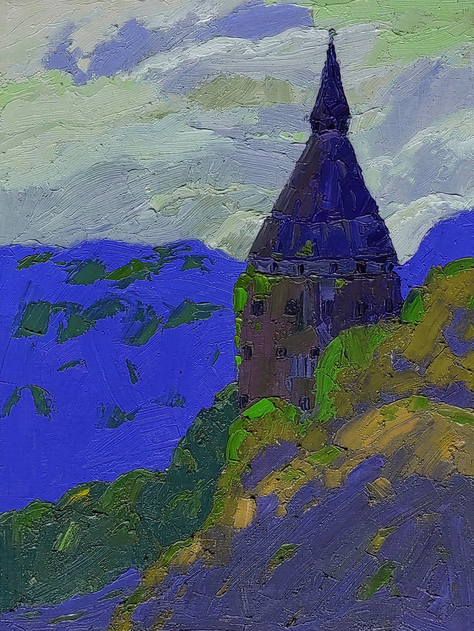 Oil painting Tower in the mountains Yaroslav Savchyn: Title: Oil painting Tower in the mountains Yaroslav Savchyn Description: 98SAVCH Painter: Yaroslav Savchyn Size: 40x30 cm/15.74x11.81 inches Components: oil, canvas on cardboard Original painting COND