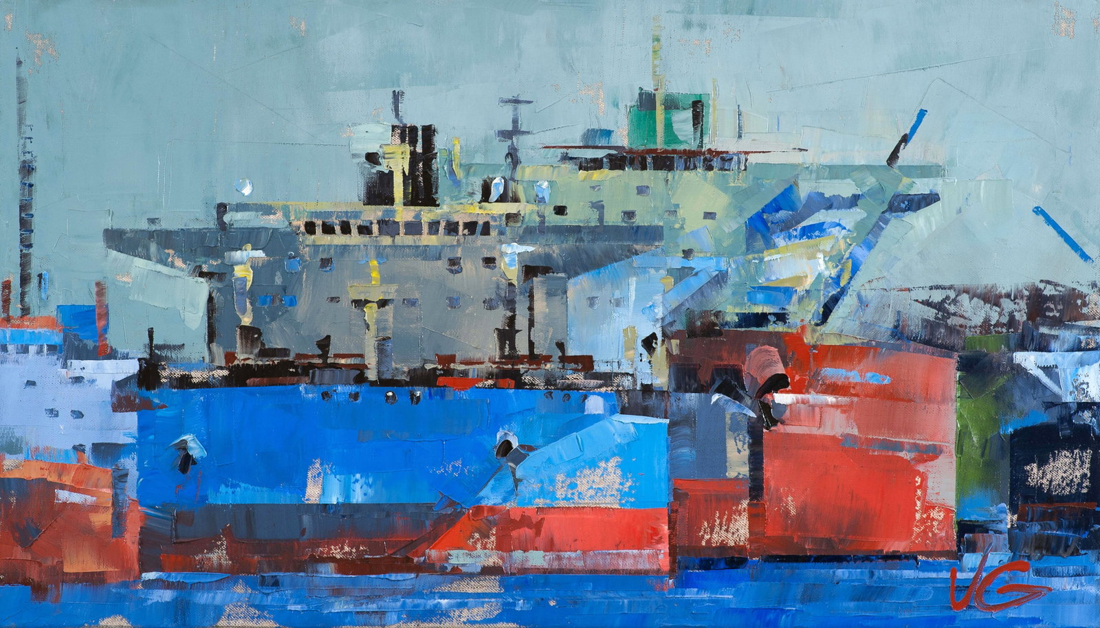 Oil painting Big ships Volodymyr Gluhomanyuk: Title: Oil painting Big ships Volodymyr Gluhomanyuk Description: 24GLUX Painter: Volodymyr Gluhomanyuk Size: 40x70 cm/15.74x27.55 inches Components: oil, canvas Original painting - series Steel giants