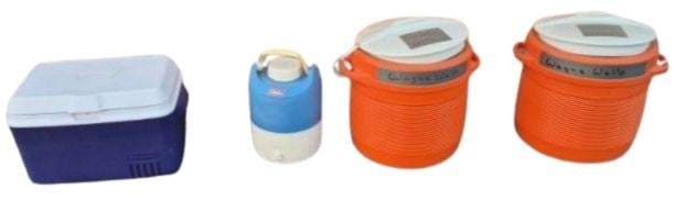 Collection of Five Vintage Coolers: Rubbermaid, Coleman, Igloo: A collection of five vintage plastic coolers, including one blue and white Rubbermaid cooler, two blue Coleman "Roundabout" water coolers of varying sizes, and two orange Igloo water coolers. The