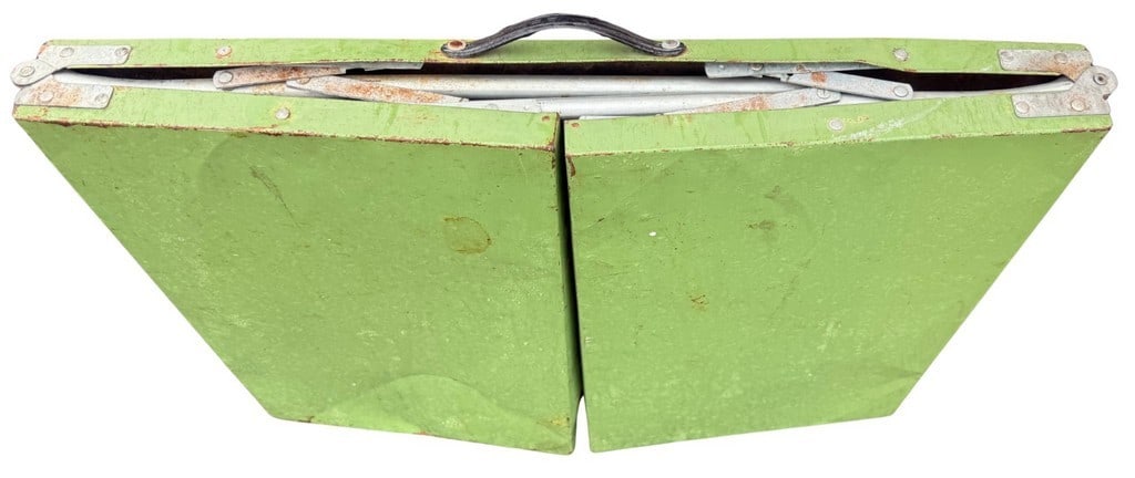 Vintage Green Folding Card Table: This vintage folding card table features a vibrant green painted surface and metal folding legs. All metal construction. The metal legs and folding mechanisms show significant wear and rust, consisten