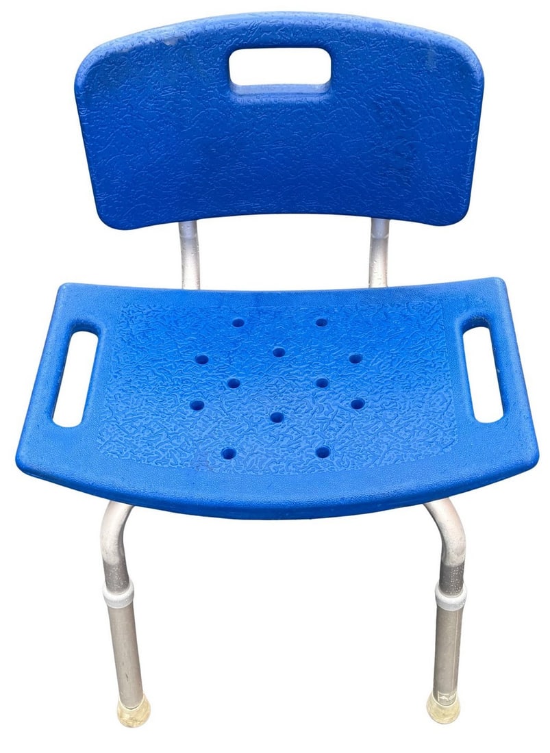 Adjustable Blue Plastic and Aluminum Shower Chair / Bath Bench: This modern medical-style shower chair features a blue molded plastic seat and backrest, mounted on an adjustable aluminum frame. The seat is perforated for drainage and includes integrated handles.