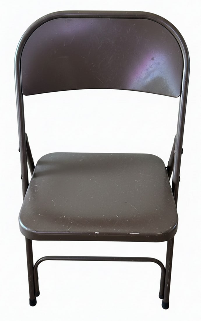 Vintage Brown Metal Folding Chairs: These vintage brown metal folding chairs features a classic design, likely from the mid-20th century. The chairs have a sturdy metal frame with a molded metal seat and back, finished in a utilitarian