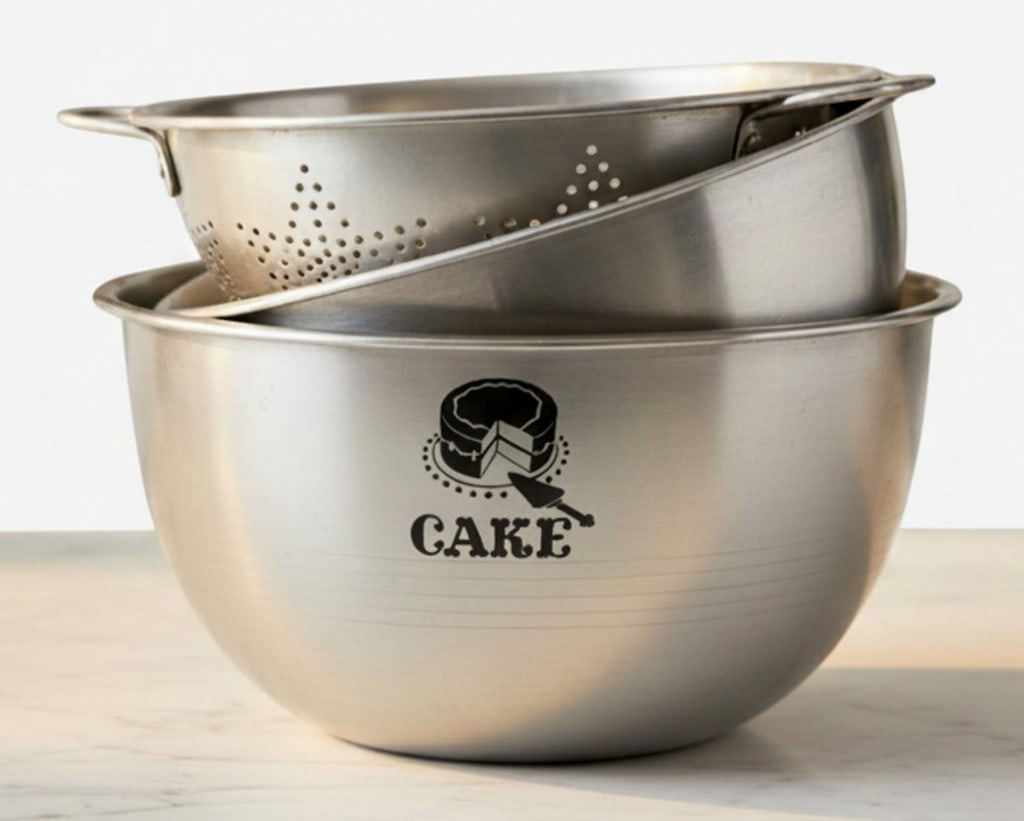 Collection of Vintage Kitchenware, including Cake Pan and Rolling Pin: This lot features a collection of vintage kitchenware, including an aluminum cake pan with "CAKE" stenciled on the side, a wooden rolling pin, and a metal colander. Other items include a perforated