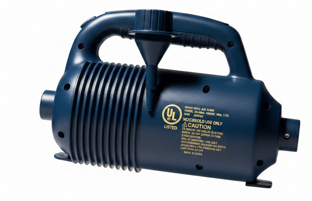 Handheld Electric Air Pump, Model FD-108A: This is a handheld electric air pump, model FD-108A. It is designed for household use only and operates on 120VAC, 60Hz, 1.7A. The pump features a dark blue plastic casing with a ribbed design for
