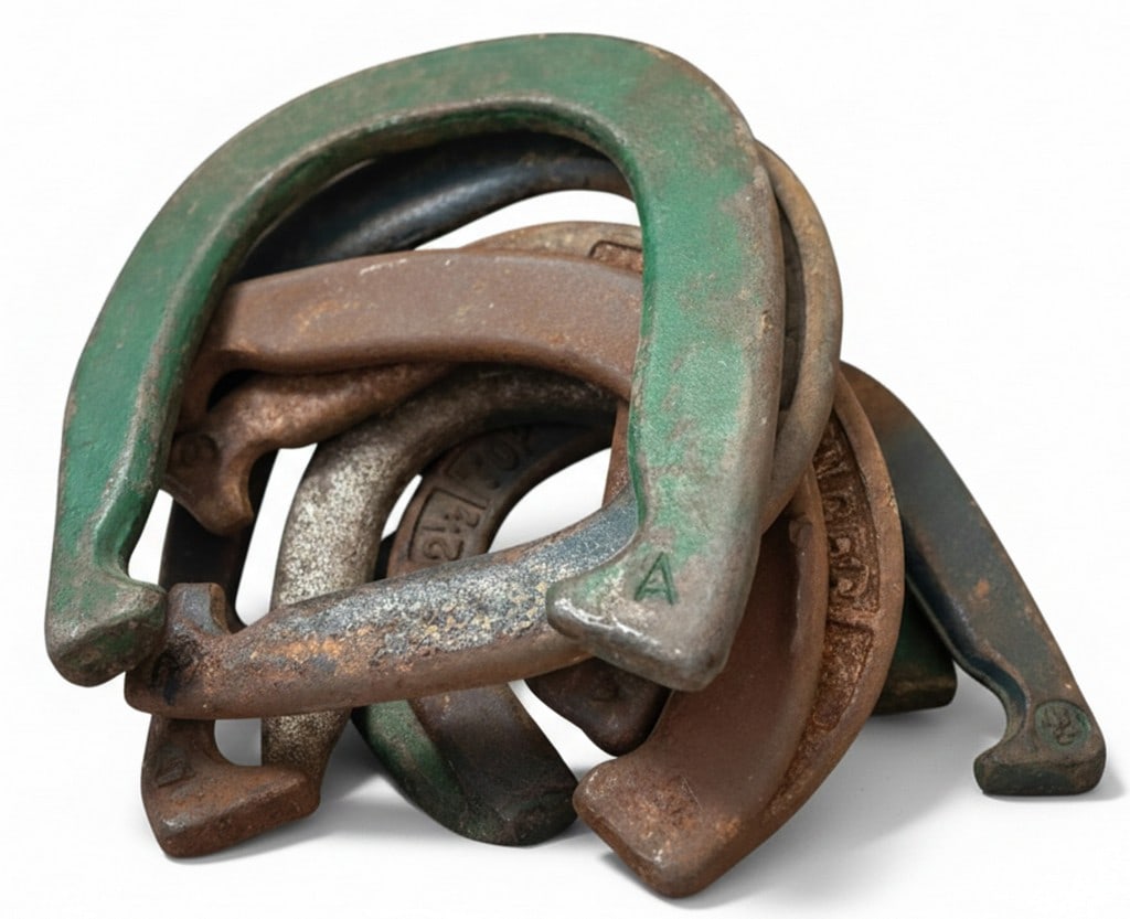 Collection of Assorted Vintage Horse Shoes: This lot features a collection of assorted vintage metal horseshoes, varying in size, style, and condition. Some horseshoes show remnants of green paint, indicating they may have been used for
