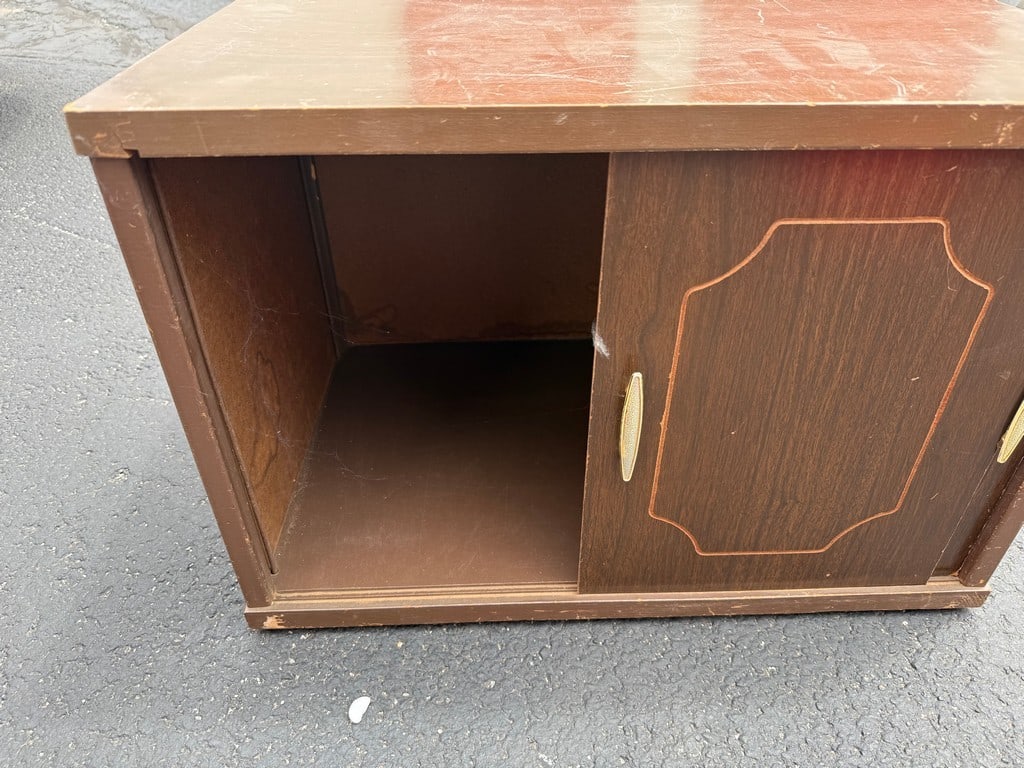Mid-Century Modern Dark Wood Sliding Door Cabinet - 2