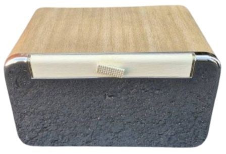 Vintage Mid-Century Modern Chrome and Wood End Table: This vintage mid-century modern end table features a square form with a light woodgrain laminate top and a polished chrome-plated steel base. A decorative horizontal reeded detail with a unique