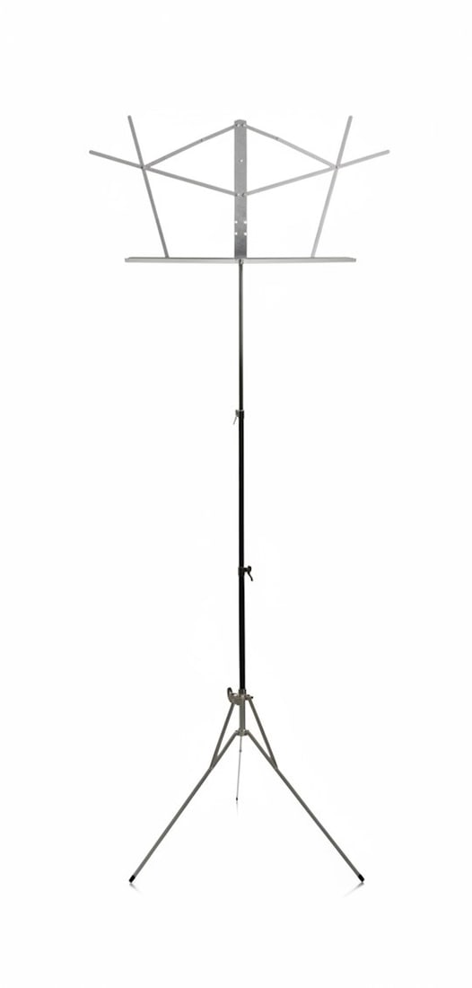 Folding Music Stand and three additional Sheet Music Holders: A vintage folding music stand, likely from the mid-20th century, crafted from lightweight chromed metal. The stand features a collapsible design for easy transport and storage. The main shaft and
