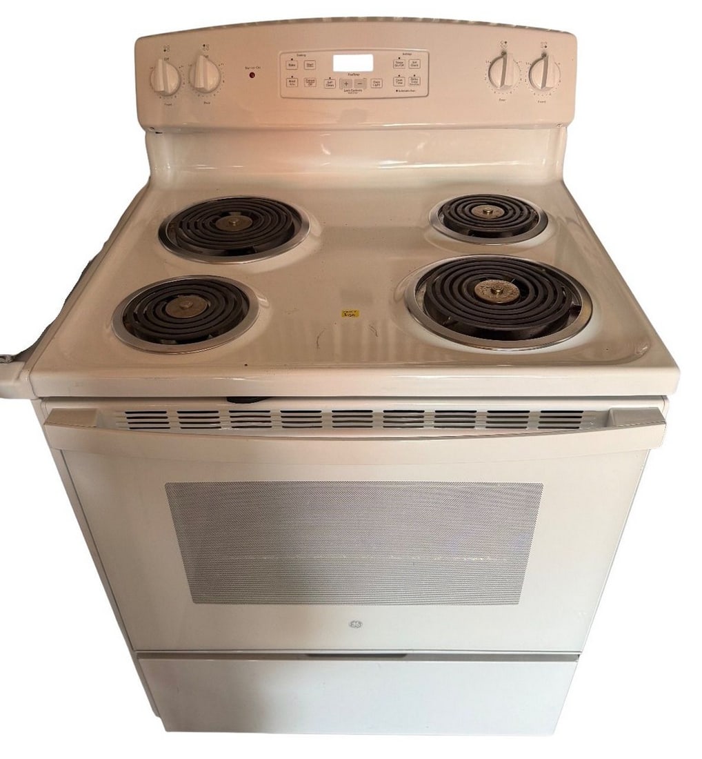 GE White Electric Freestanding Range Oven: This is a GE electric freestanding range oven in white, featuring four coil burners and a digital control panel. The oven cavity includes two racks and appears to have a self-cleaning function. The co